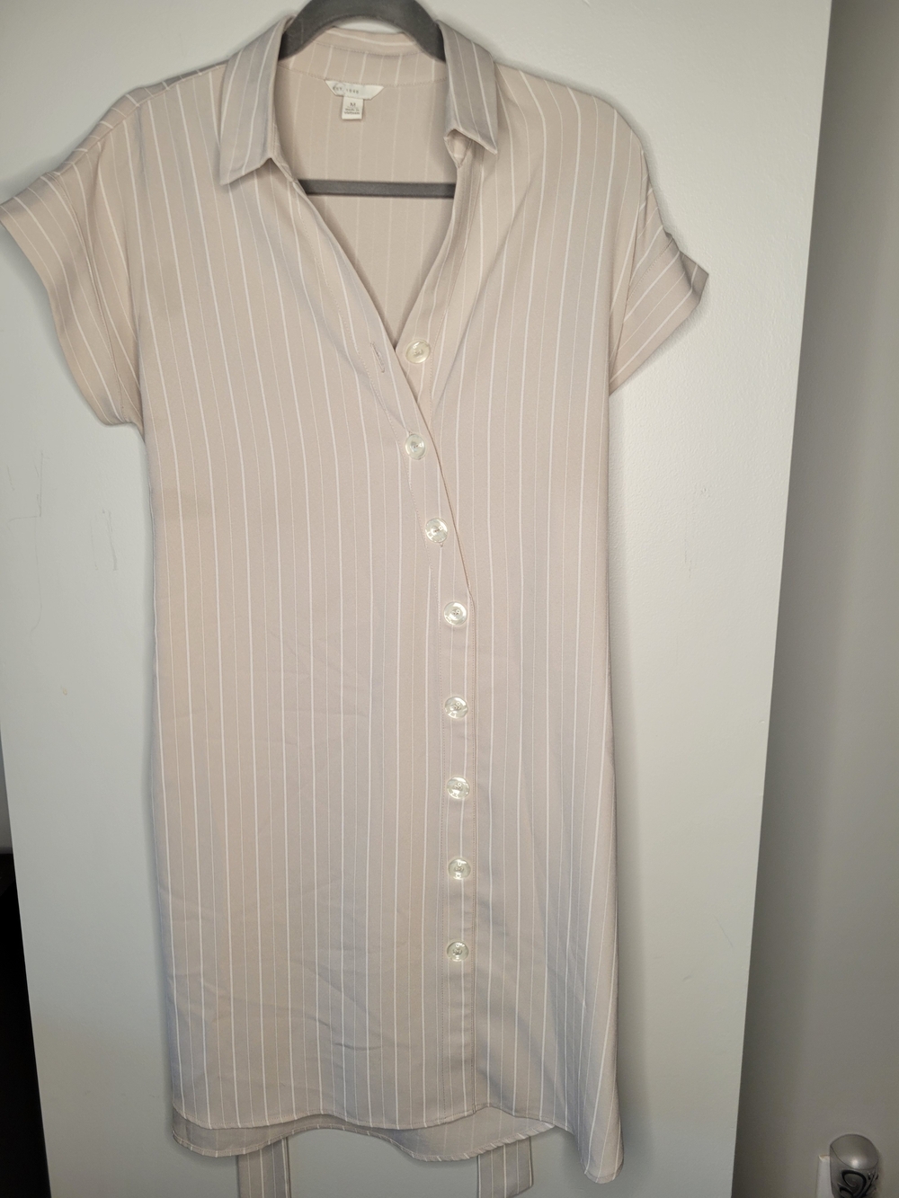 Est. 1946 Beige Pinstripe Shirt Dress Women’s Medium Belted Button Front Career